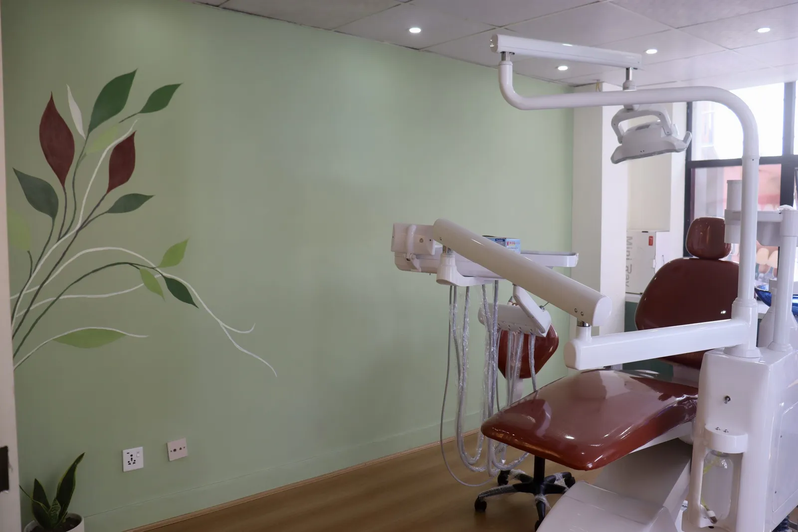Treatment room with a burgundy chair and hand-painted leaves