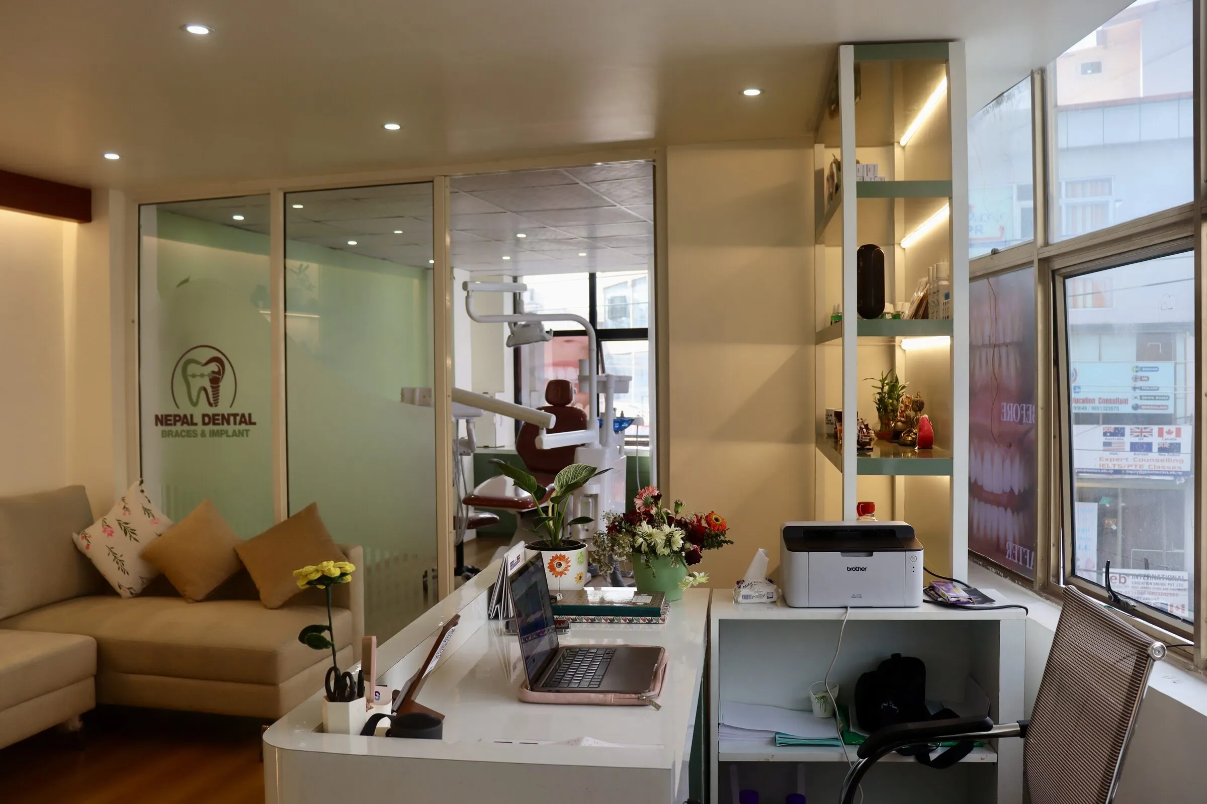 Reception desk with fresh flowers